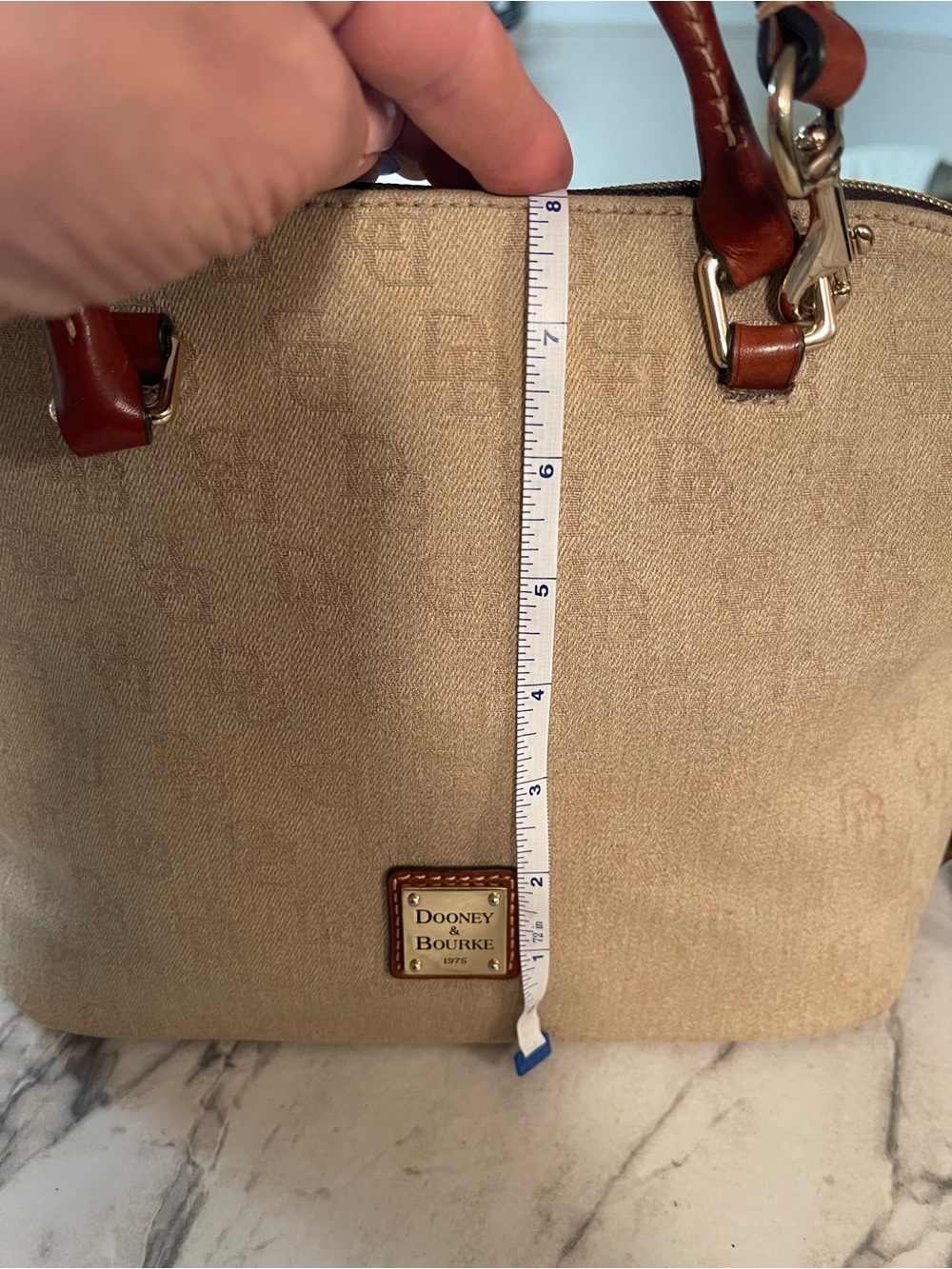 Dooney & Bourke Beige Satchel with Brown Trim and Lilac Flower Charm - Picture 3 of 15